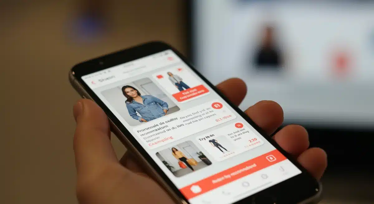 Tela de smartphone exibindo o aplicativo Shein com recomendações personalizadas e recurso de provador virtual.