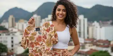 Shein 2025: As 3 Colaborações de Moda Mais Aguardadas no Brasil Mulher estilosa usando roupa de colaboração Shein em cenário urbano brasileiro, representando a fusão de moda global e cultura local.