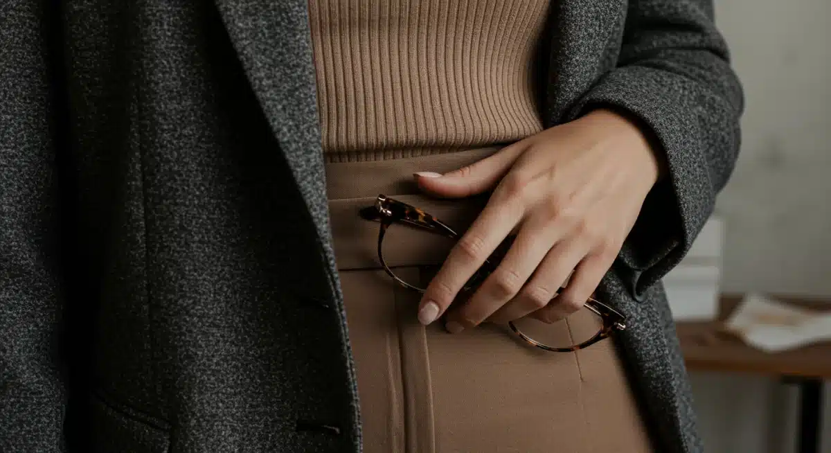 Detalhe de tecido e corte de look Shein profissional, com acessórios elegantes