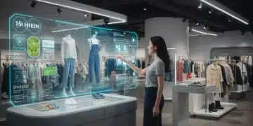 Mulher interagindo com tecnologia holográfica para compras de moda na Shein em 2025, representando inovações.