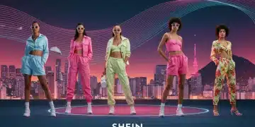 Shein no Brasil: 10 previsões de estilo e consumo em 5 anos Modelos diversas em roupas modernas e futuristas da Shein, em um cenário urbano vibrante do Brasil, simbolizando o futuro da moda e tecnologia.
