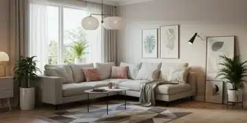 Sala de estar moderna decorada com itens Shein Home, sofá minimalista, tapete geométrico e iluminação contemporânea.