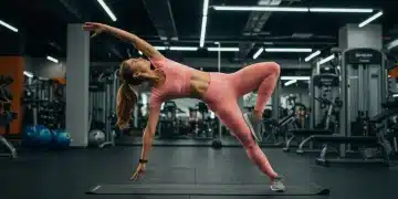 Mulher vestindo roupa fitness Shein em pose de yoga, em academia moderna e iluminada.