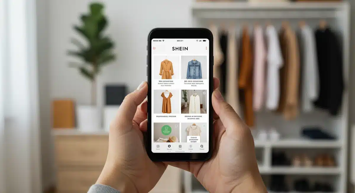 Mãos segurando um smartphone com o aplicativo da Shein exibindo opções de moda sustentável e etiquetas ecológicas, com um guarda-roupa organizado e minimalista ao fundo.