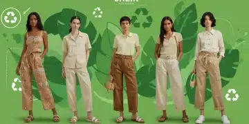 Modelos exibindo roupas sustentáveis da Shein, em um cenário que mescla moda e elementos naturais, representando a Shein Sustentável 2025.