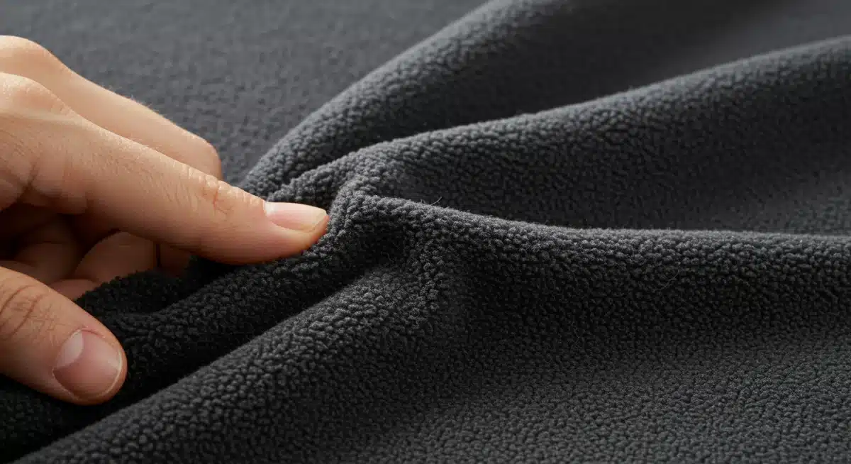 Detalhe de uma mão tocando um tecido de fleece macio e aconchegante, ressaltando sua textura e conforto para o inverno.