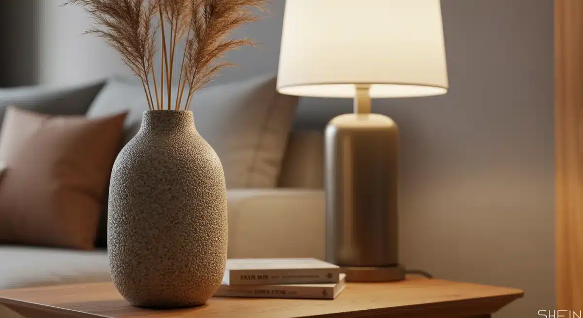 Vaso decorativo Shein com grama dos pampas sobre uma mesa lateral de madeira, detalhe que realça a textura e o design.