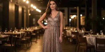 Moda Festa Shein 2025: 8 Vestidos Deslumbrantes para Eventos Mulher elegante usando um vestido de festa deslumbrante da Shein, em um evento sofisticado.
