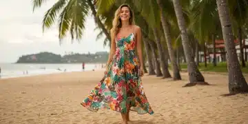 Shein Verão 2025: 5 Peças Essenciais para Looks Brasileiros Jovem brasileira exibindo vestido maxi estampado da Shein, perfeito para o verão 2025.