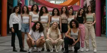 Modelos exibindo as principais tendências da Shein para a moda feminina em 2025, com roupas coloridas e estilos variados em um cenário urbano.