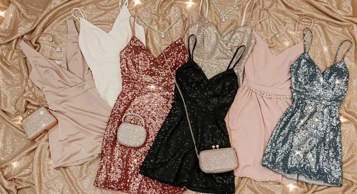 Coleção de vestidos de festa Shein em diferentes estilos e tecidos, com acessórios festivos.