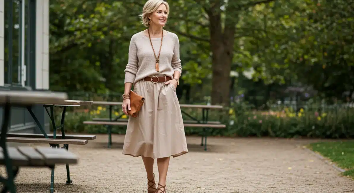 Mulher acima dos 40 vestindo look casual chique da Shein, saia midi e blusa de tricô, em um café ao ar livre.