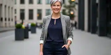 Mulher elegante acima dos 40 usando um look moderno e sofisticado da Shein em ambiente urbano.