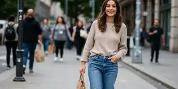 Mulher estilosa caminhando na cidade com look Shein moderno e acessível para 2025.