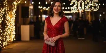 Mulher elegante com vestido de festa Shein vermelho brilhante, celebrando o Ano Novo de 2025