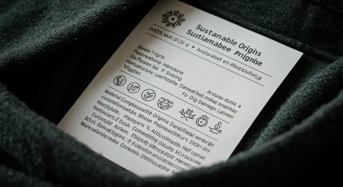 Etiqueta de roupa sustentável com informações detalhadas sobre sua origem e composição, promovendo transparência na moda.