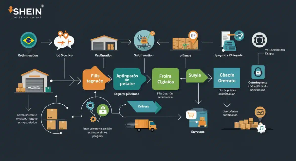 Infográfico detalhado da cadeia logística da Shein no Brasil, mostrando pontos de otimização e redução de custos no frete.