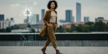 Mulher vestindo roupa sustentável Shein 2026, com tecidos reciclados e design moderno, simbolizando o futuro da moda consciente.