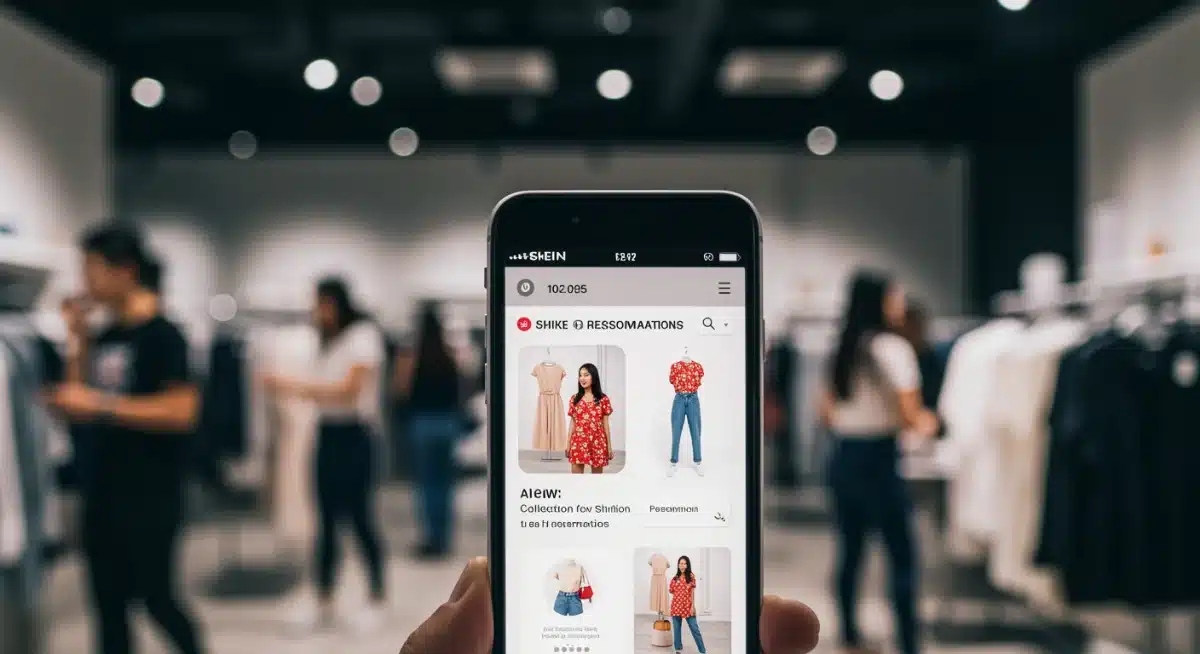 Interface do aplicativo Shein com recomendações de moda personalizadas e experiência de compra híbrida.
