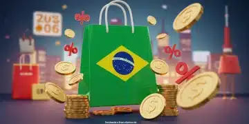 Sacola de compras da Shein com elementos da bandeira brasileira e símbolos de economia, representando as novas políticas de frete em 2026.