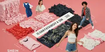 Modelos exibindo roupas da Shein feitas com materiais reciclados, simbolizando a economia circular e a sustentabilidade na moda.
