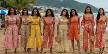 Modelos exibindo as tendências de moda feminina da Shein para o verão brasileiro de 2026, com roupas coloridas e estilosas em um cenário tropical.