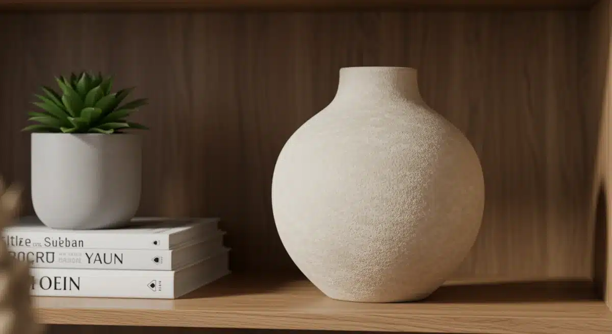Vaso decorativo moderno da Shein Home 2025 em prateleira de madeira com planta e livros, estilo minimalista.