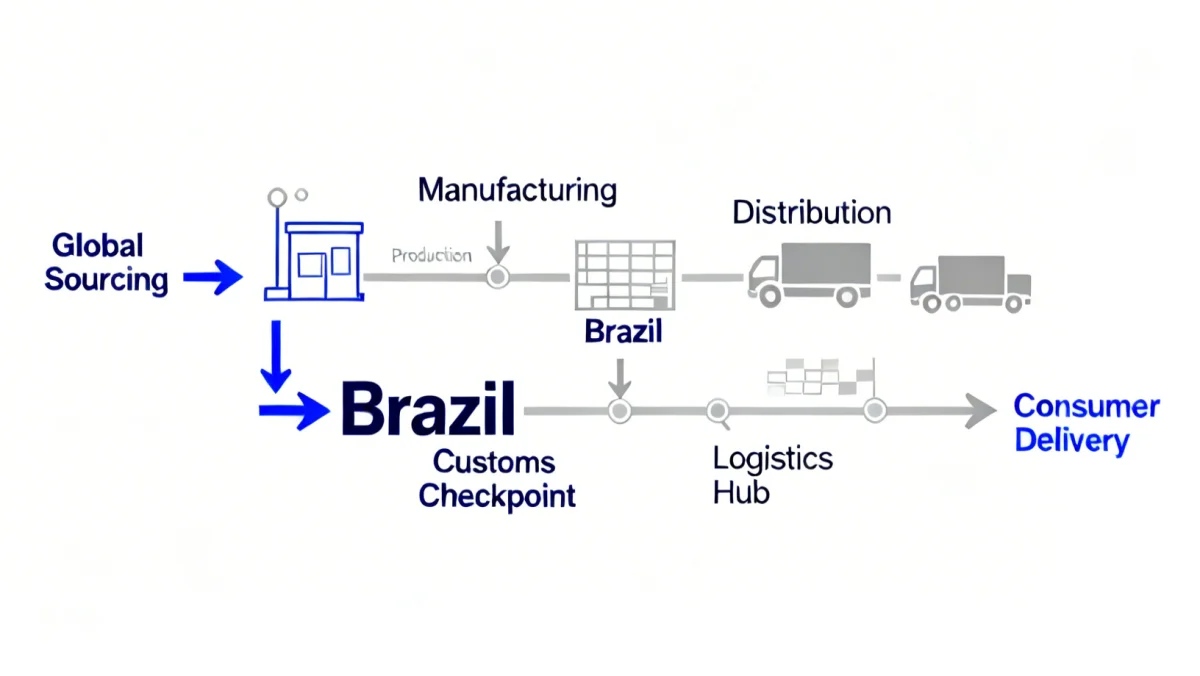 Infográfico detalhando a cadeia de suprimentos global de uma empresa de fast-fashion, com foco na distribuição para o Brasil, incluindo logística e alfândega.