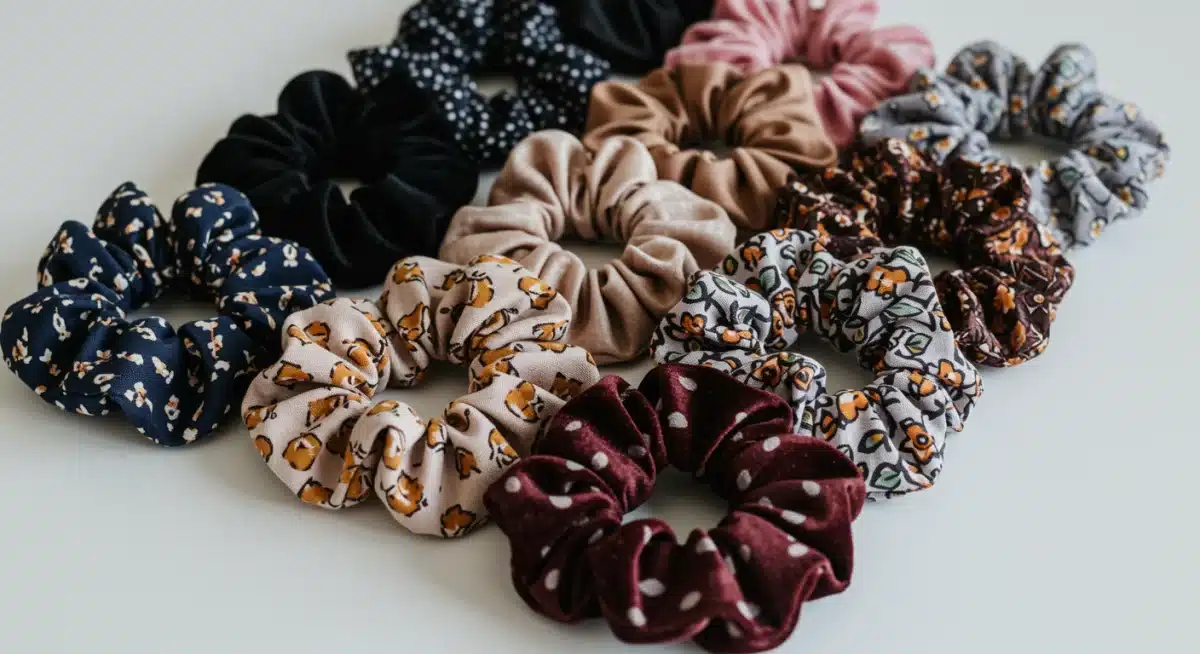 Coleção de scrunchies de cabelo em diversas texturas e padrões, como seda e veludo, dispostos em uma superfície branca.