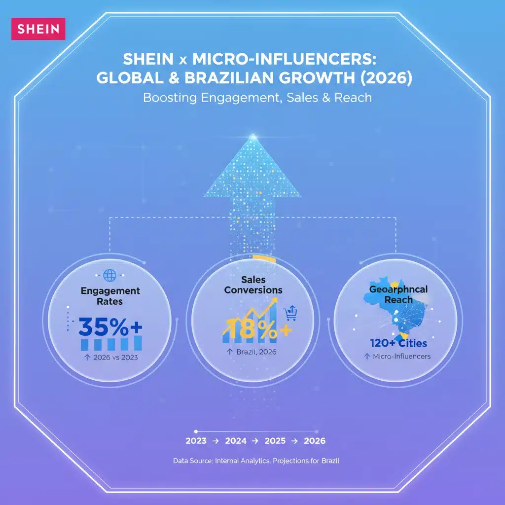Gráfico de crescimento da influência dos microinfluenciadores na Shein no Brasil em 2026.