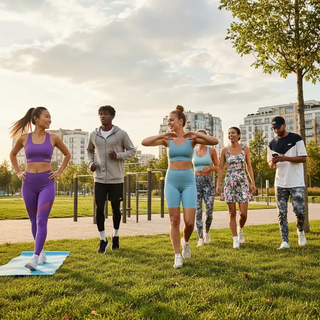 Jovens praticando atividades físicas leves com roupas esportivas da Shein, em um parque.