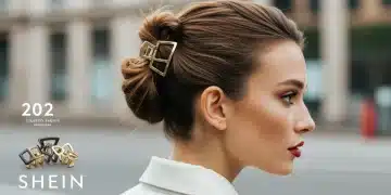 Mulher com penteado elegante, usando um acessório de cabelo Shein 2026, com uma presilha geométrica metálica em um semi-preso.