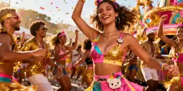 Pessoas celebrando o Carnaval 2026 no Brasil com looks vibrantes e acessíveis da Shein, cheios de glitter e alegria.