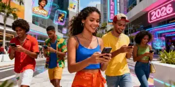 Jovens brasileiros usando roupas da Shein em um ambiente urbano moderno, com elementos futuristas, representando o consumo em 2026.