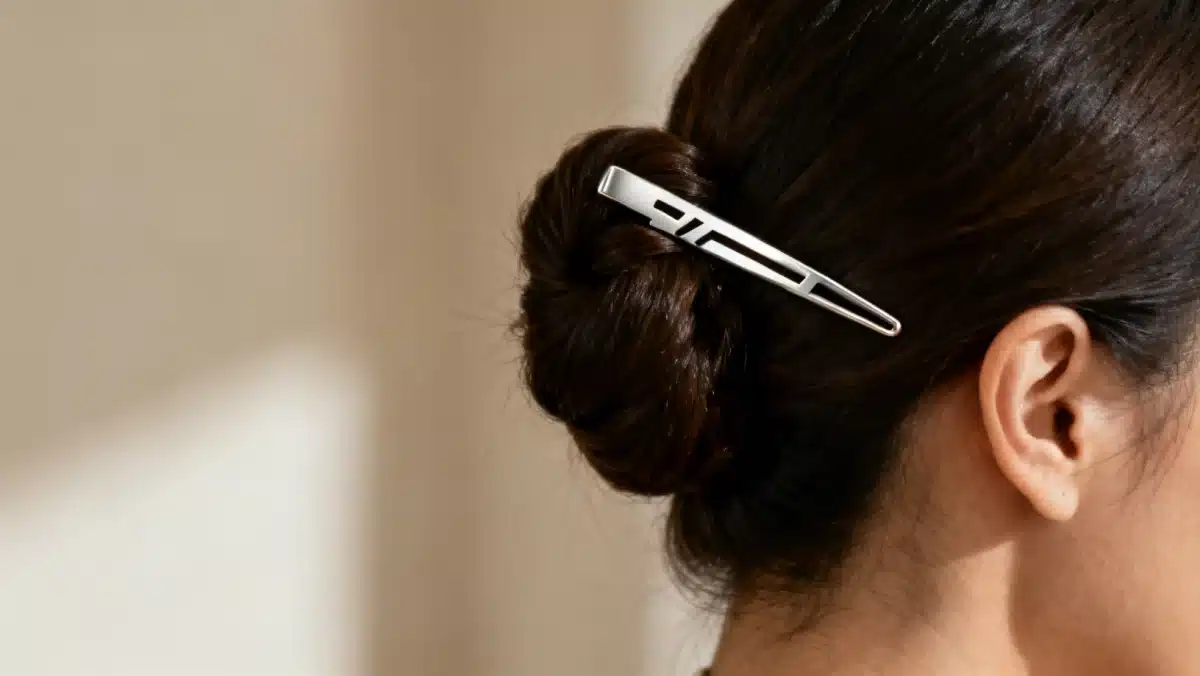 Detalhe de um coque elegante adornado com um hair stick metálico minimalista da Shein, refletindo sofisticação e praticidade.