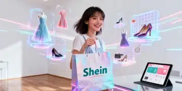 Jovem feliz comprando na Shein em 2026 com elementos futuristas.