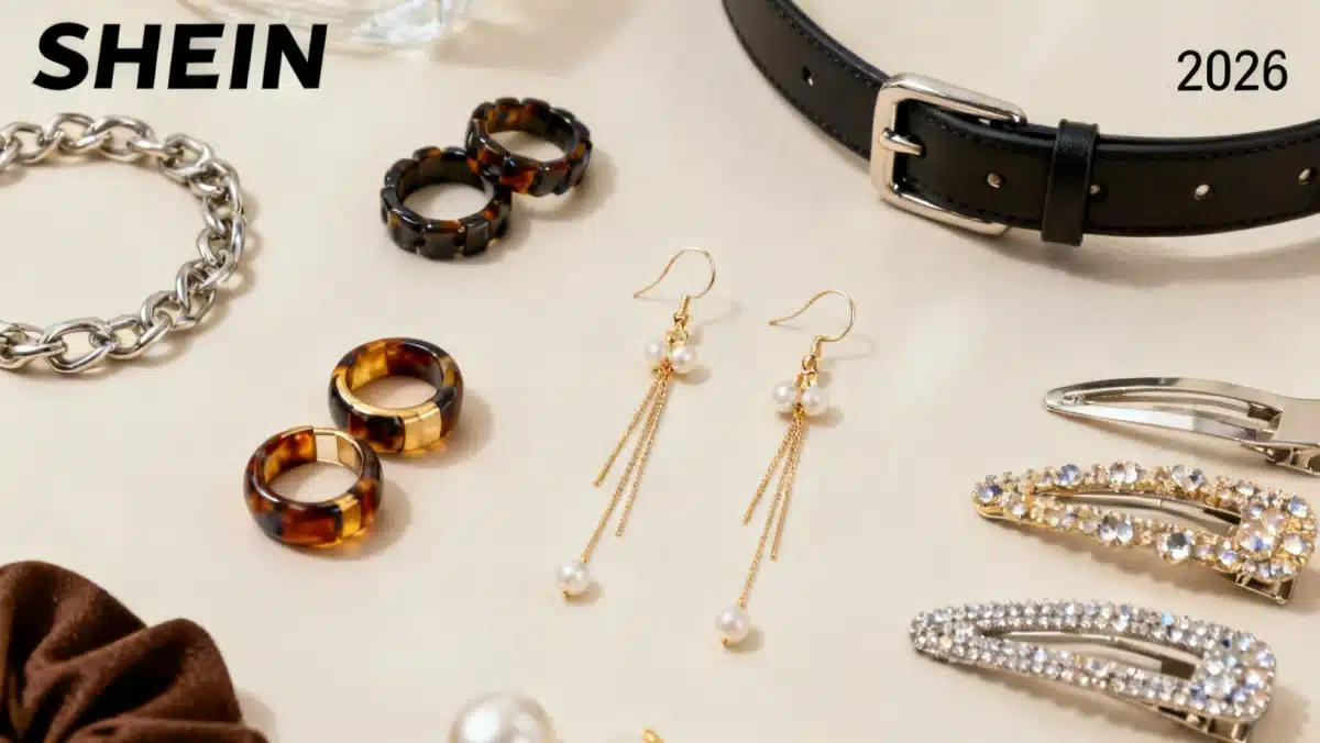 Detalhes de acessórios Shein 2026, incluindo anéis, brincos e presilhas de cabelo.
