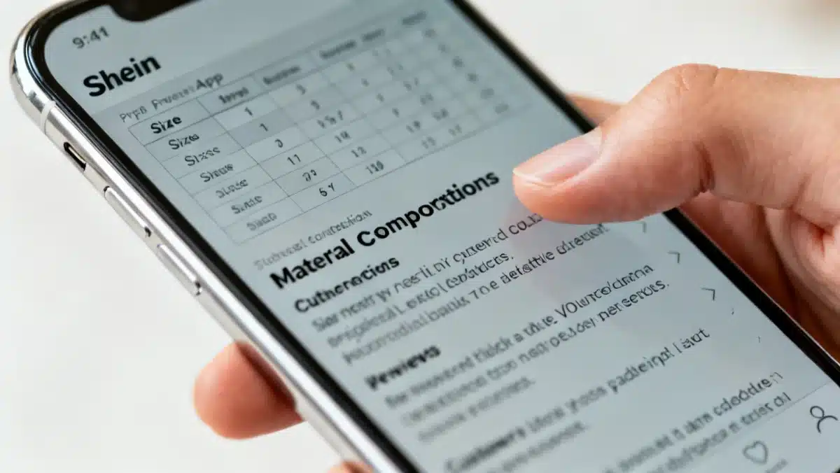 Tela de smartphone exibindo detalhes de produto na Shein, com foco em tabela de medidas e avaliações de clientes.