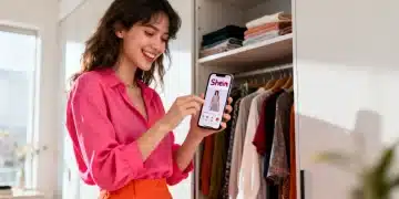 Mulher estilosa sorrindo com compras da Shein, organizando seu guarda-roupa perfeito em 2026.