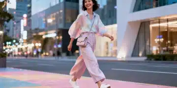 Mulher sorrindo, vestindo peças do estilo casual Shein 2026: camisa oversized, calça pantacourt e tênis branco, caminhando em rua urbana.