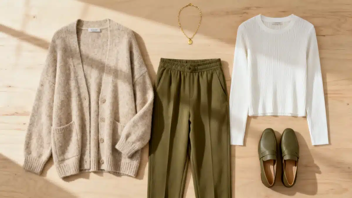 Composição flat lay de 4 peças-chave do estilo casual Shein 2026: cardigan oversized, jogger de alfaiataria, blusa branca de manga longa e mocassim.