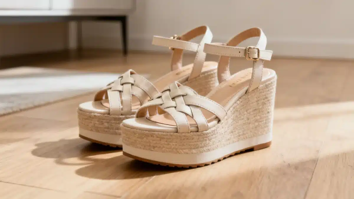 Detalhe de uma sandália plataforma Shein com design inovador e tiras elegantes, destacando o conforto e a moda para 2026.