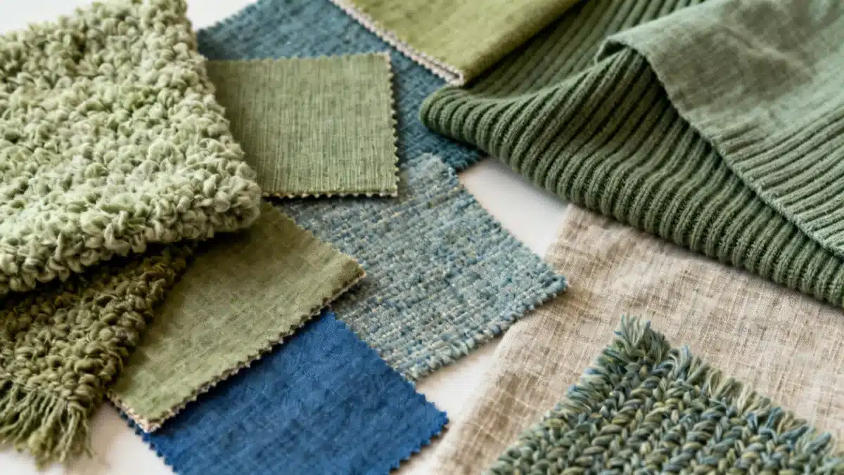 Amostras de tecidos e texturas chave Shein Home 2026, incluindo boucle, malha canelada e algodão orgânico em tons terrosos e verdes.