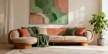 Sala de estar decorada com tendências Shein Home 2026, com tons de verde, terracota e neutros, móveis de madeira e texturas acolhedoras.