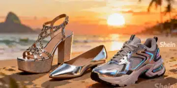 Modelos de calçados Shein 2026 que serão tendência no Brasil, incluindo sandálias plataforma, sapatilhas metálicas e tênis robustos.