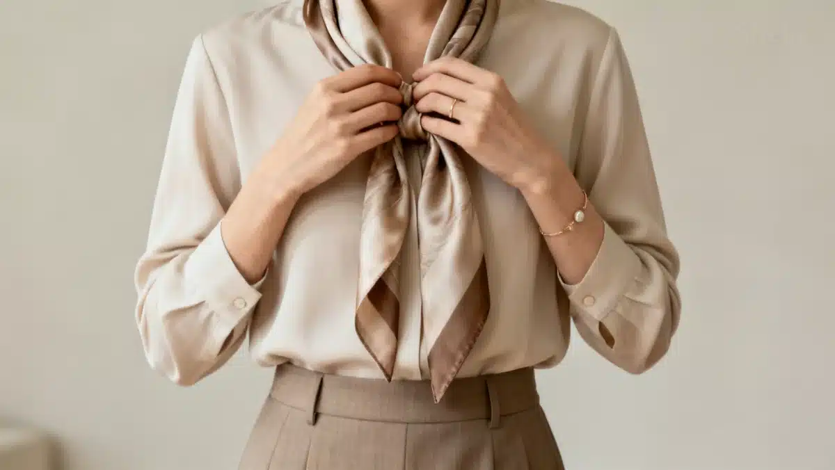 Detalhe de acessórios elegantes, como um lenço de seda, que complementam um look de trabalho Shein.