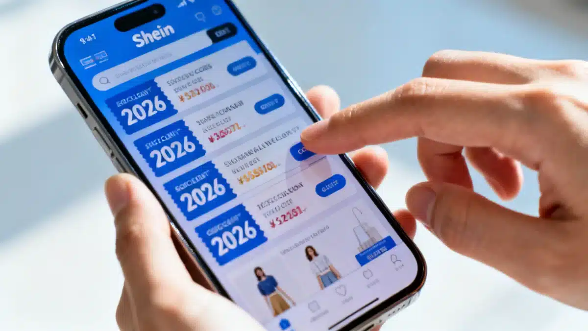 Tela de smartphone exibindo cupons e promoções Shein 2026, com foco em economia.