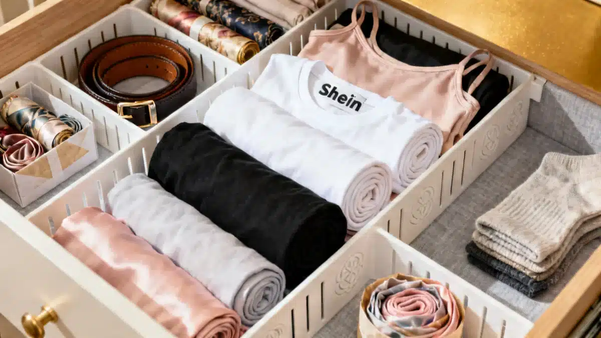 Gaveta de guarda-roupa organizada com divisórias, contendo camisetas e acessórios Shein dobrados, demonstrando otimização de espaço.