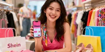 Mulher sorrindo, usando celular com aplicativo Shein e sacolas de compras, representando economia em moda 2026.