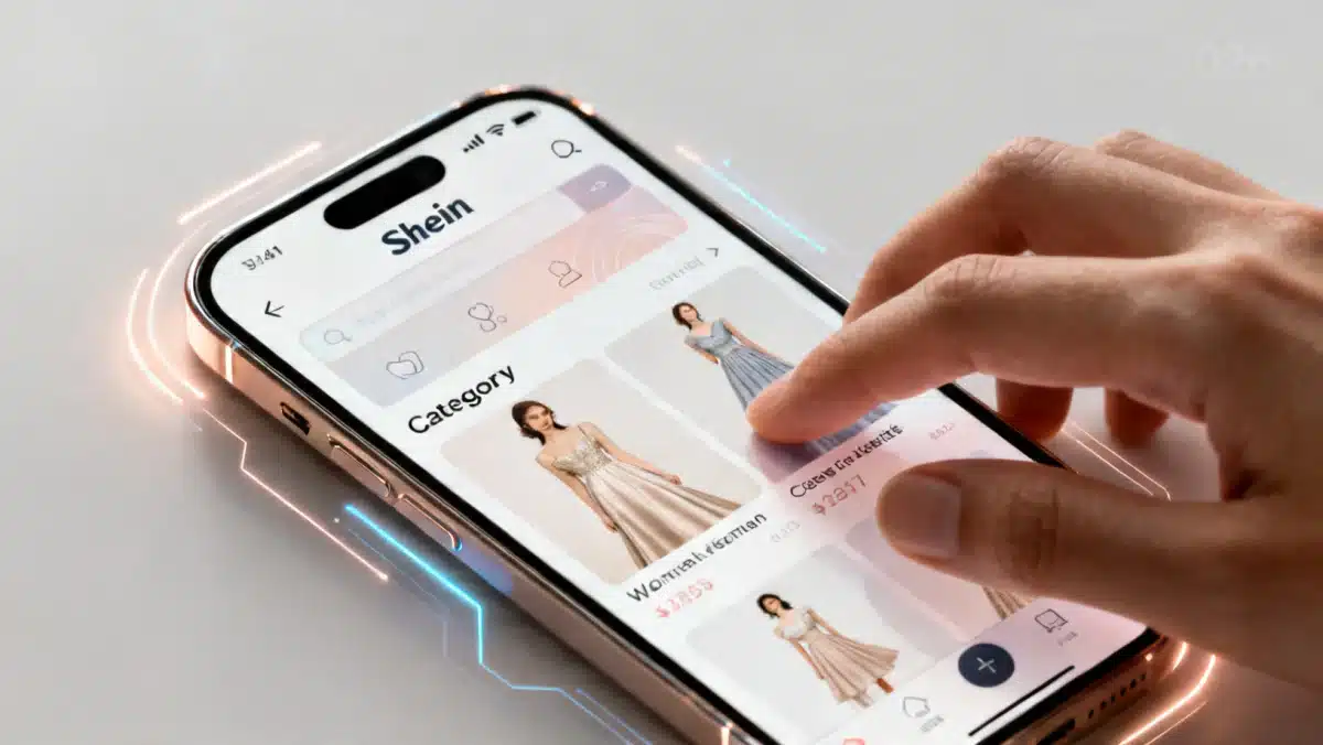 Interface do aplicativo Shein 2026 mostrando categorias de moda feminina e opções de filtro